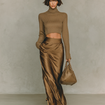 Women's Fashionable Gold-brown Turtleneck Long-sleeved Knit Top Paired With A Satin Midi Skirt