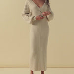 Nadorine Women's Casual Solid Color Knitted Dress V-neck Sweater Dress