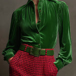 Retro Green Velvet Pleated Long-sleeved Shirt And Houndstooth Wide-leg Pants Set