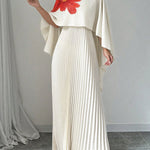 Cape Loose Floral Printed Pleated Split-Joint Round-Neck Evening Dresses Maxi Dresses