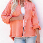 Nadorine Cropped Jacket Frayed Hem Button Long Sleeves Casual Loose Solid Color Denim Jacket