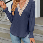 Solid Color Lace Patchwork V-Neck Loose-Fitting Long-Sleeved T-Shirt Top