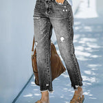 High Waisted Straight Leg Ripped Boyfriend Jeans Frayed Ankle Denim Pants