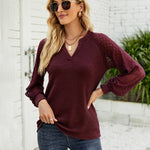 Nadorine V Neck Tops Solid Color Blouse Long Sleeve Pullover Lace Patchwork Shirt