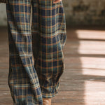 Classic Retro Blue Plaid Side-button Wide-leg Overalls