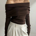 Long Sleeves Loose Solid Color Off-The-Shoulder Pullovers Sweater Tops