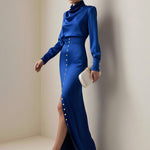 Split-Joint Heaps Collar Long Sleeves Pleated Blouses&Shirts Tops + Elasticated Waist Asymmetric Buttoned  Contrast Color Split-Side Zipper Skirts Bottoms Two Pieces Set