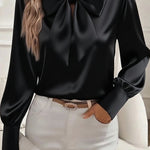Satin Solid Color Casual Bow Long Sleeve Shirt