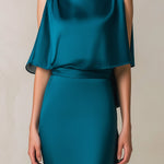 Teal Draped Cape-Sleeve Midi Dress