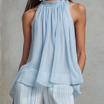 Vacation Light Blue Chiffon Sleeveless Top And Striped Wide-leg Pants Set
