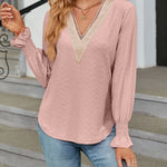 Solid Color Lace Patchwork V-Neck Loose-Fitting Long-Sleeved T-Shirt Top