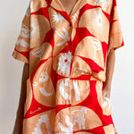 Linen Blend Unique Printed Shirt Top and Elastic Waisted Loose Pocket Shorts Set