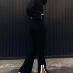 Knit Two Piece Outfit Color Block Cropped Top Long Pants Ribbed Sweater Set