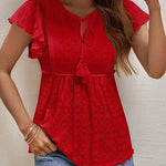 Nadorine Eyelet Tie-Neck Flutter-Sleeve Top Solid Color Casual Blouse for Women Casual Work Office Loose Fit 2026 | Under $40