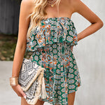 Off Shoulder Jumpsuit Floral Print Strapless Elastic Waist Wide Leg Shorts Romper Dress