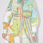 Travel Around The World Unique Print Balloon Sleeve Belt Shirt Midi Dress