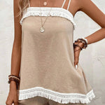 Pale Khaki Fringe Splicing Cami Top and Shorts Set