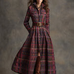 Retro Ethnic Style Lapel Reddish Brown Plaid Maxi Dress