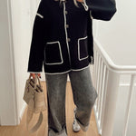 Nadorine Buttoned Crew Neck Loose Color Block Knitted Jacket