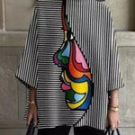 Loose Three-Quarter Sleeves Figure Printed Split-Joint Striped Stand Collar T-Shirts