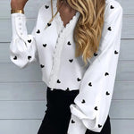 Nadorine Print V Neck Lace Long Sleeves Shirt Blouse Button Loose Tunic Top