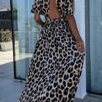 Khaki Leopard V Neck Cinched High Waist Open Back Maxi Dress