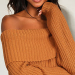 Off-The-Shoulder Slim Warm Slim Soft Style Long Sleeve Knitted Pullover