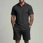 KZZ Men's Solid Polo Shirt & Drawstring Waist Shorts Set