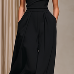 Women's Elegant Black Stretchy Knit Sleeveless One-shoulder Top And Wide-leg Pants Set MDZ0515A4AN