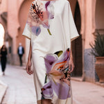 Loose Short Sleeves Asymmetric Floral Printed Split-Joint Round-Neck Midi Dresses