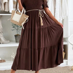 Solid Color Off-the-shoulder Pleated Waist Midi Dress