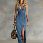 V-neck Button-up Side-slit Denim Sleeveless Maxi Dress