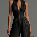 Black V-neck Sleeveless Zip-up Pleated Wide-leg Chiffon Jumpsuit