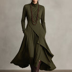 Women's Purple Bohemian Cotton Stretch Turtleneck Asymmetrical Draped Maxi Dress