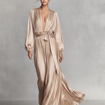 Women's Light Luxury Khaki Acetate Satin Deep V-neck, Waist-cinching, Tie-belt Long Dress