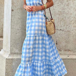 Strapless plaid stitching sleeveless dress with straps