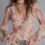 Zippered Ruffled Collar Vintage Floral Blouse