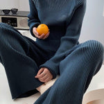Urban Loose Solid Round-Neck Split-Side Sweater& Wide Leg Pants Suits