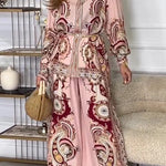 Unique Print Lapel Long Sleeve Tie Waist Shirt and Elastic Waist Pocket Wide Leg Pants Set