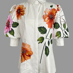 Puff Sleeves Asymmetric Floral Printed Split-Joint Lapel Blouses&Shirts Tops