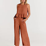 Nadorine 2 Piece Outfits Sleeveless Ruffle Tank Crop Top and Wide Leg Pants Lounge Set with Pockets