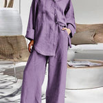 Nadorine Casual Retro Two-Piece Sets Long Sleeve Loose Shirt and Elastic Waist Wide Leg Pants