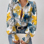 Long Sleeves Loose Buttoned Elasticity Flower Print Pleated Lapel Blouses&Shirts Tops