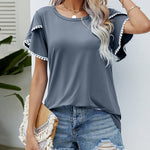 Pom-Pom Trim Flutter Sleeve Round Neck Tee Casual Blouses Tops