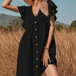 V Neck Loose Spring Summer Ruffle Trimed Button Smock Sleeveless Mini Vest Dress