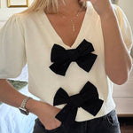 V-Neck Short-Sleeved Double Bow Solid Color Sweater