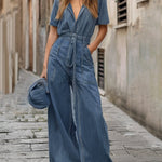 Short Sleeves Solid Color Tied Waist V-Neck Denim Jumpsuits