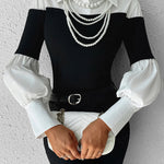 Long Sleeves Loose Buttoned Contrast Color Pleated Split-Joint Lapel Blouses&Shirts Tops
