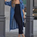 Retro Mid-length Denim Jacket Loose Fit Double-breasted Denim Jacket Windbreaker with Belt