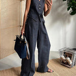 Striped Casual Two-piece Set V-neck Vest Trousers Pants Suit